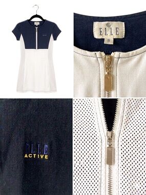 Elle Active 90s Vintage Mesh Navy White Zip-Front Tennis Active Sport Mini Dress